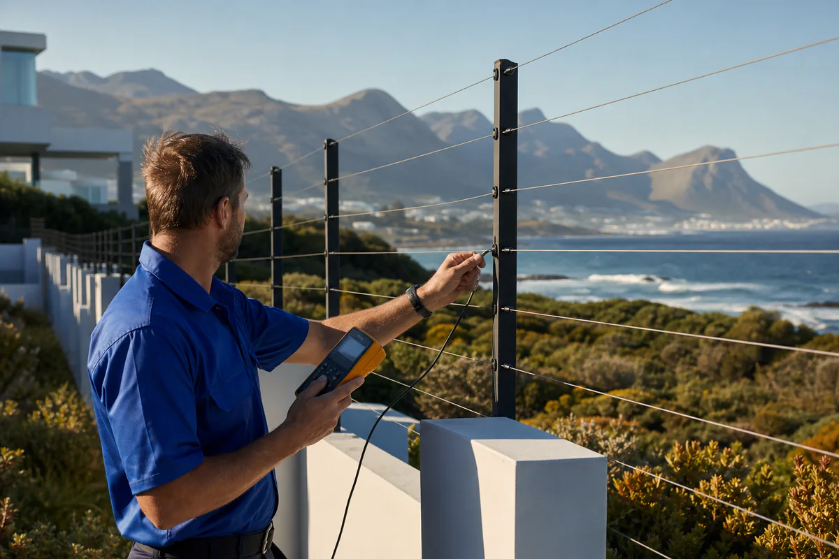 Technician testing an electric perimeter fence