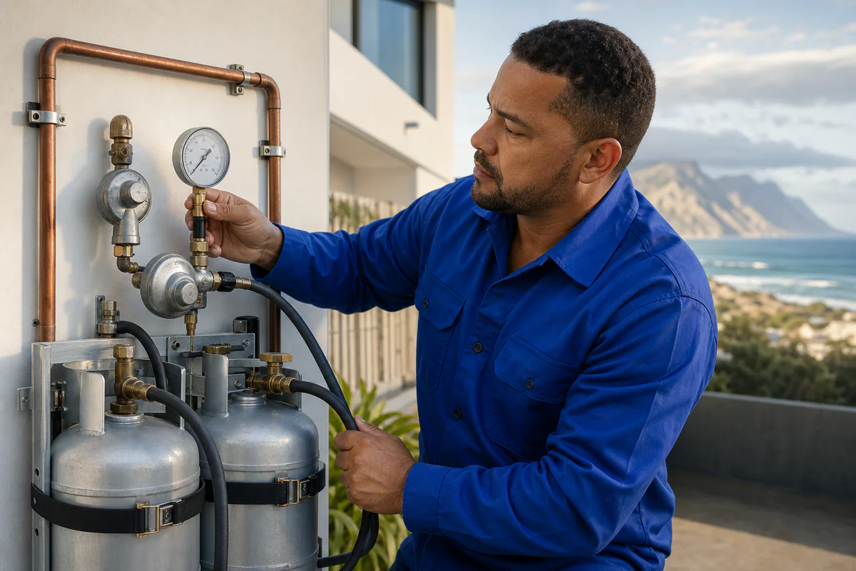 Gas technician pressure-testing a compliant LPG installation