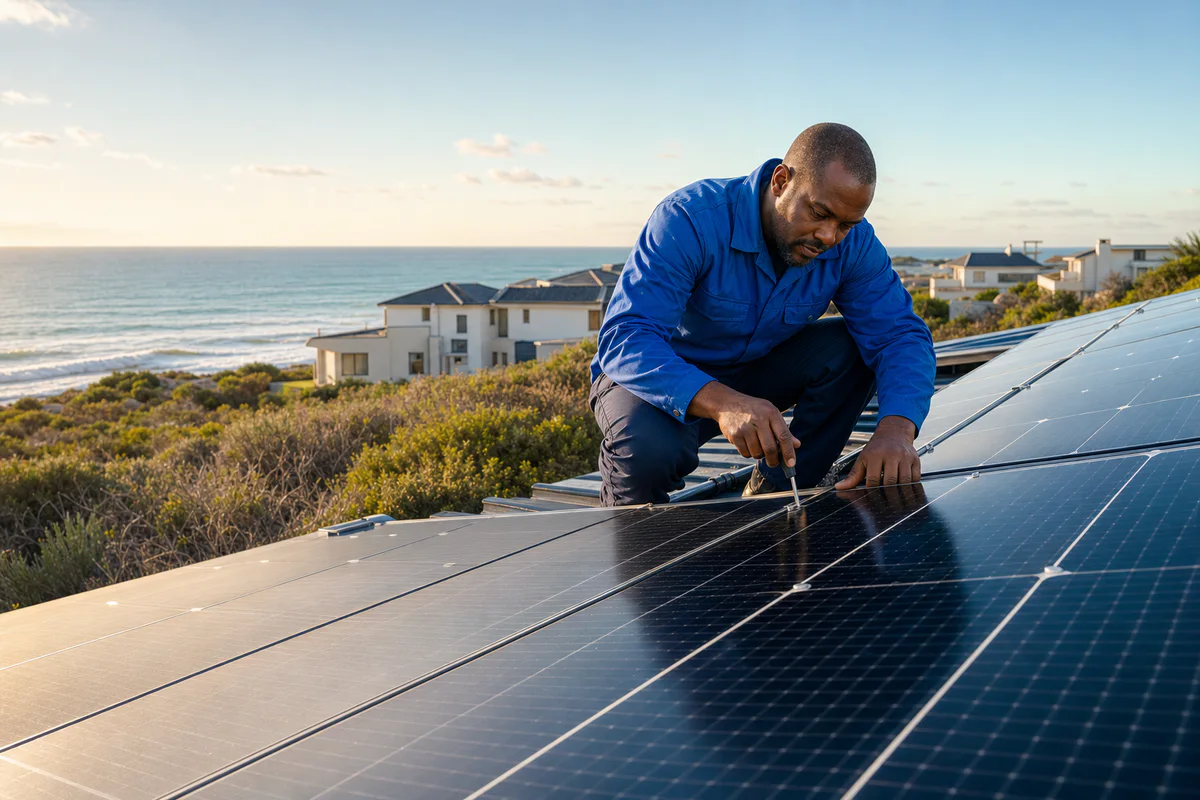 Technician commissioning rooftop solar panels